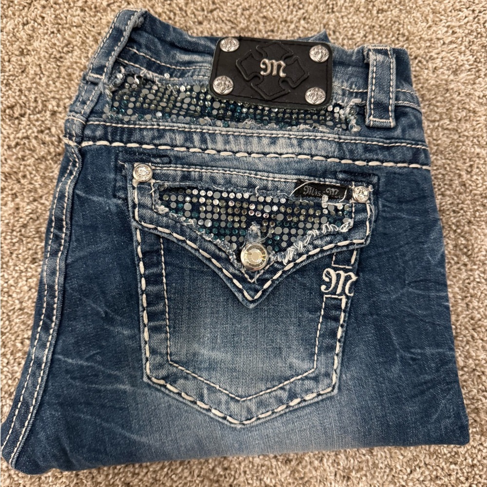 Miss Me Blue Boot Cut Jeans with Rhinestone Embellishments